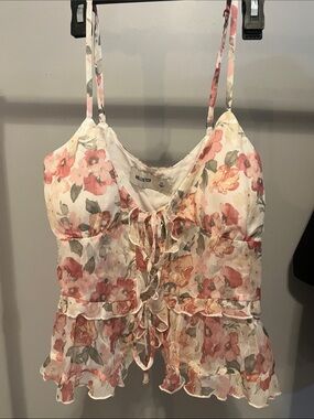 Hollister Floral Lace-Up Ruffle Camisole in White and Pink